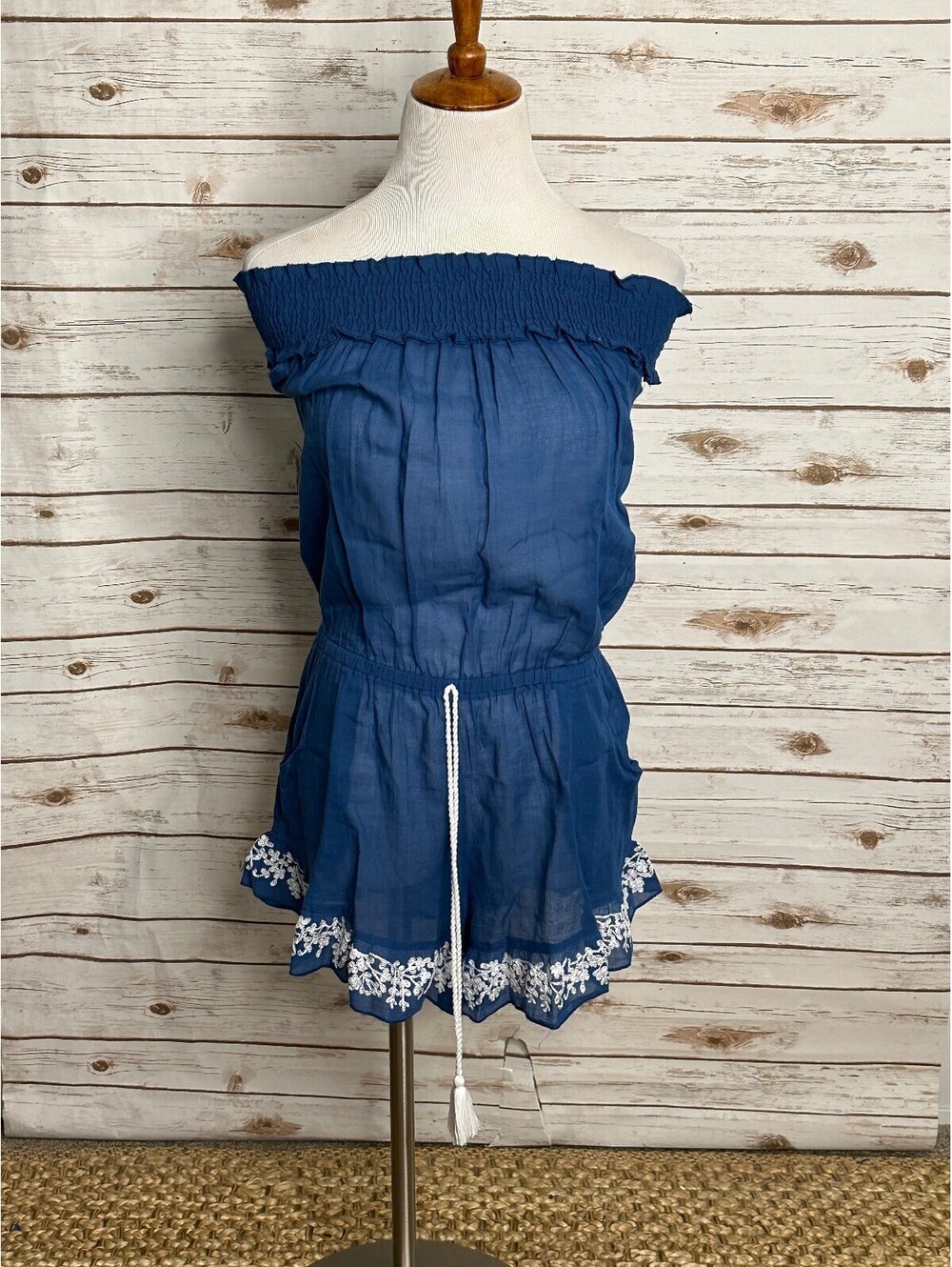 Lucky Brand blue white embroidered off the shoulder romper Small beach festival